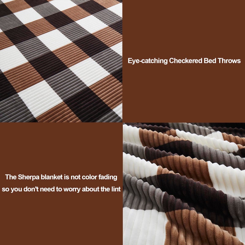 PU MEI Sherpa Blanket Twin Plaid Thick Bed Blanket  60 *80  Super Soft Flannel Fuzzy Fleece Reversible Velvet Plush Warm Blanket for Couch(Brown-Check  60""*80"") - Image 2